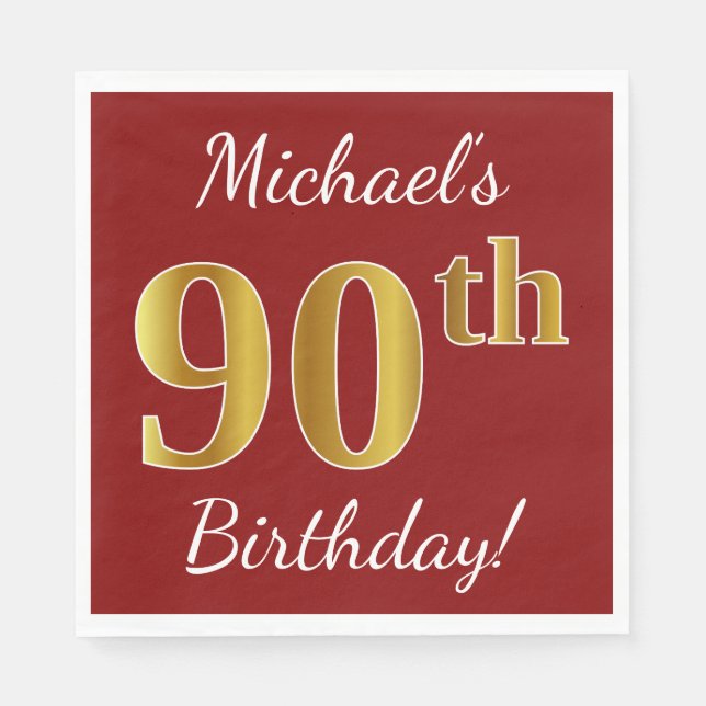 Red, Faux Gold 90th Birthday + Custom Name Napkin (Front)