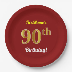 Red, Faux Gold 90th Birthday + Custom Name Paper Plate