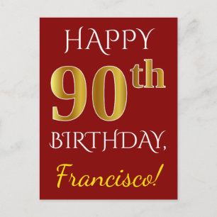 Red, Faux Gold 90th Birthday + Custom Name Postcard