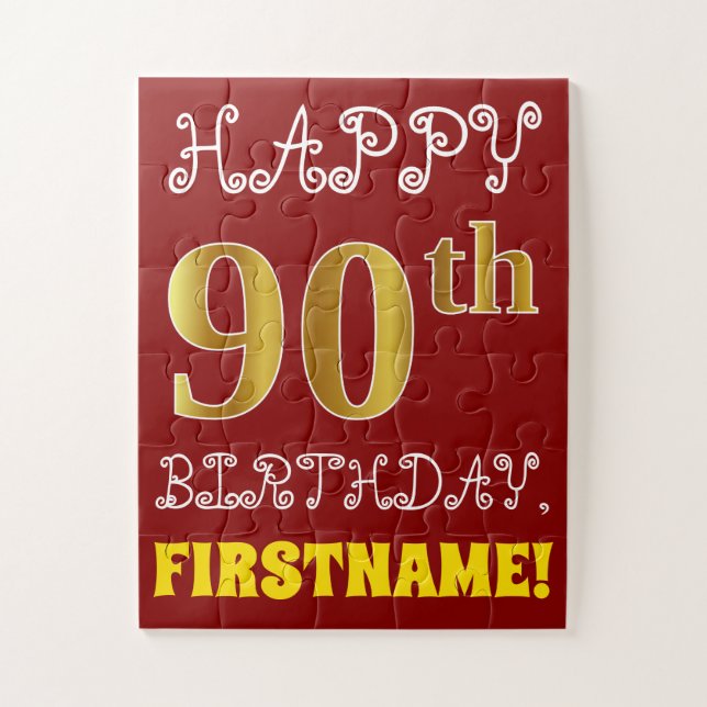 Red, Faux Gold 90th Birthday + Custom Name Puzzle (Vertical)