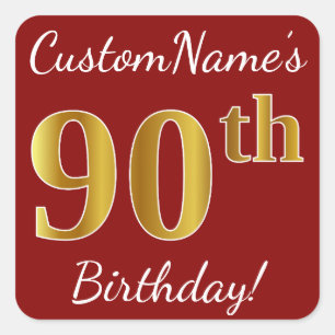 Red, Faux Gold 90th Birthday + Custom Name Sticker