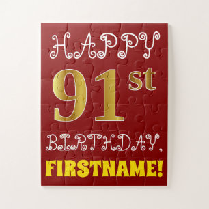 Red, Faux Gold 91st Birthday + Custom Name Puzzle
