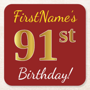 Red, Faux Gold 91st Birthday + Custom Name Square Paper Coaster