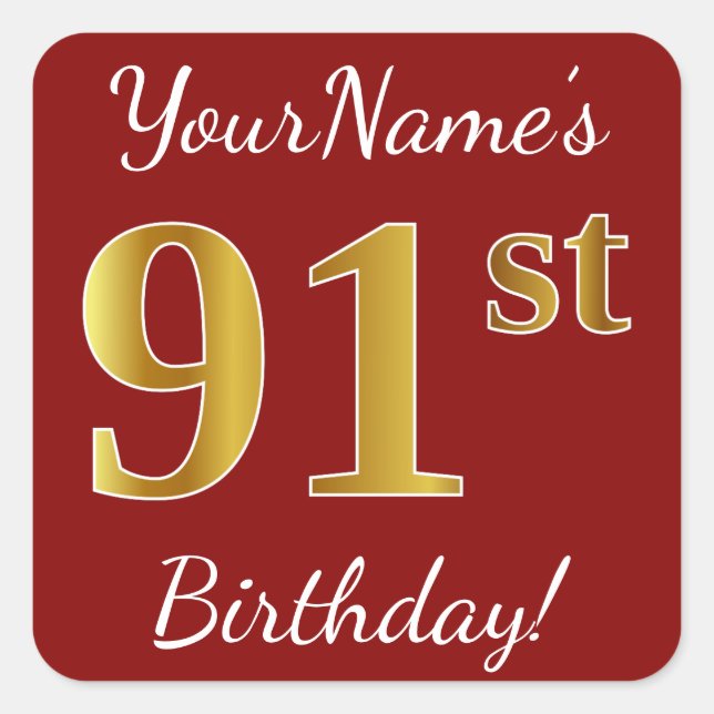 Red, Faux Gold 91st Birthday + Custom Name Sticker (Front)