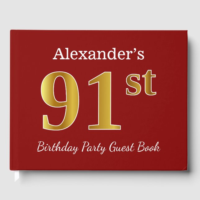Red, Faux Gold 91st Birthday Party + Custom Name Guest Book (Front)