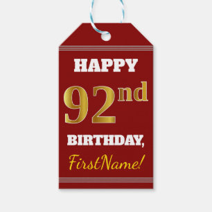 Red, Faux Gold 92nd Birthday + Custom Name Gift Tags
