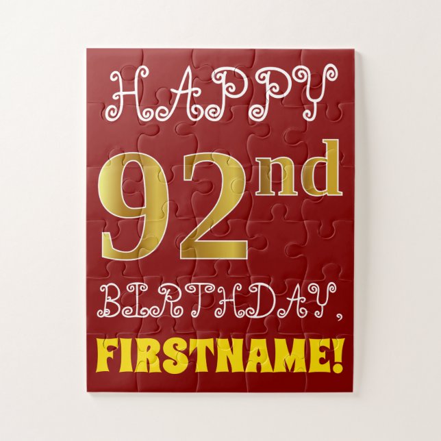 Red, Faux Gold 92nd Birthday + Custom Name Puzzle (Vertical)