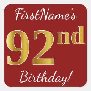 Red, Faux Gold 92nd Birthday + Custom Name Sticker