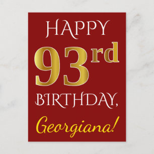 Red, Faux Gold 93rd Birthday + Custom Name Postcard