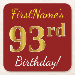 Red, Faux Gold 93rd Birthday + Custom Name Square Paper Coaster