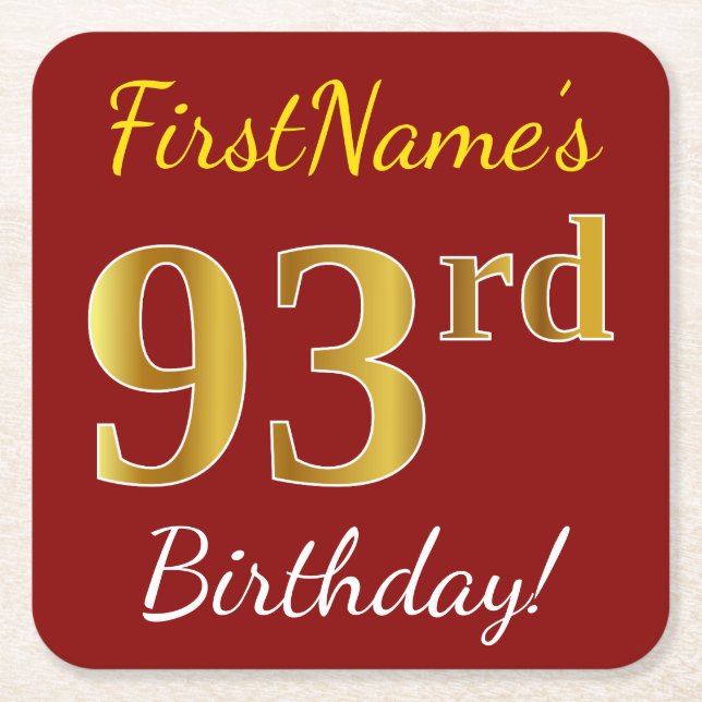 Red, Faux Gold 93rd Birthday + Custom Name Square Paper Coaster (Front)