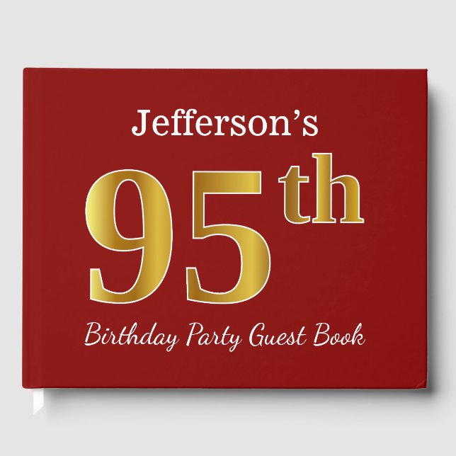 Red, Faux Gold 95th Birthday Party + Custom Name Guest Book (Front)