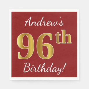 Red, Faux Gold 96th Birthday + Custom Name Napkin