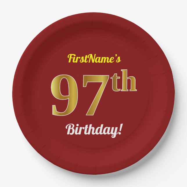 Red, Faux Gold 97th Birthday + Custom Name Paper Plate (Front)