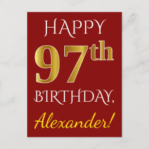 Red, Faux Gold 97th Birthday + Custom Name Postcard