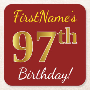 Red, Faux Gold 97th Birthday + Custom Name Square Paper Coaster