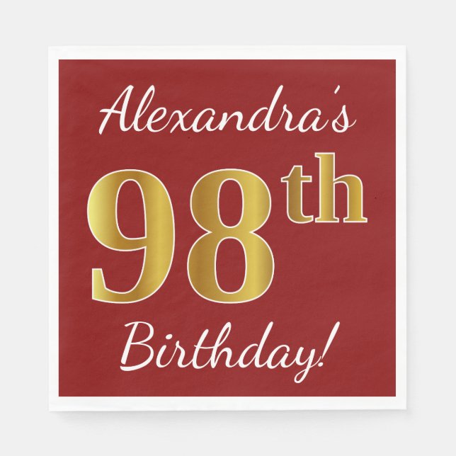 Red, Faux Gold 98th Birthday + Custom Name Napkin (Front)