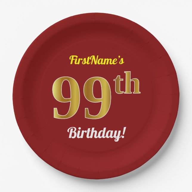 Red, Faux Gold 99th Birthday + Custom Name Paper Plate (Front)