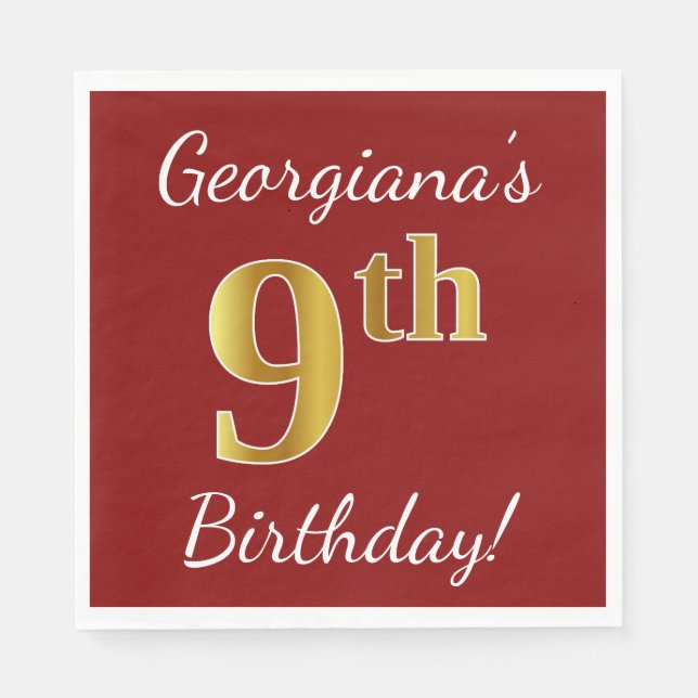 Red, Faux Gold 9th Birthday + Custom Name Napkin (Front)