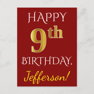 Red, Faux Gold 9th Birthday + Custom Name Postcard