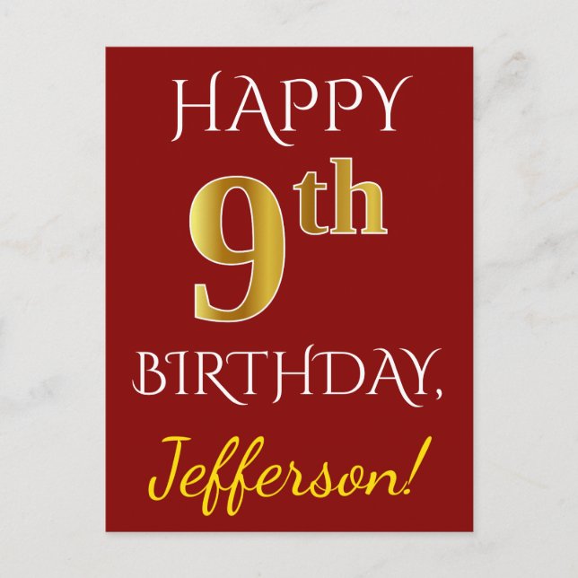 Red, Faux Gold 9th Birthday + Custom Name Postcard (Front)