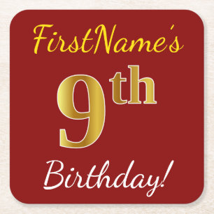 Red, Faux Gold 9th Birthday + Custom Name Square Paper Coaster