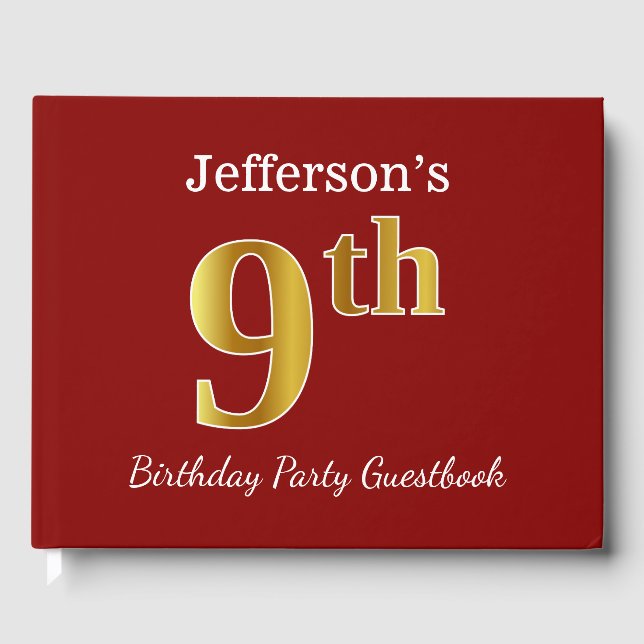 Red, Faux Gold 9th Birthday Party + Custom Name Guest Book (Front)