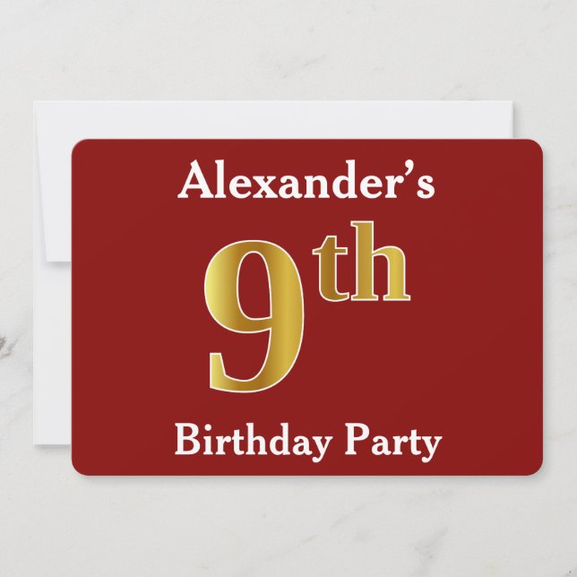 Red, Faux Gold 9th Birthday Party + Custom Name Invitation (Front)