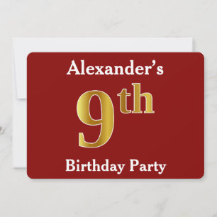 Red, Faux Gold 9th Birthday Party + Custom Name Invitation