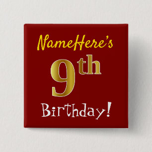 Red, Faux Gold 9th Birthday, With Custom Name 15 Cm Square Badge