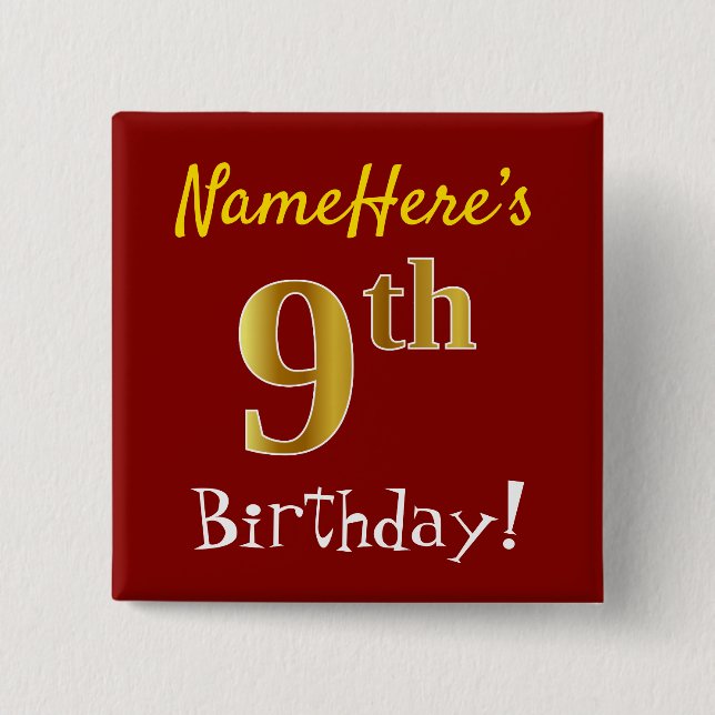 Red, Faux Gold 9th Birthday, With Custom Name 15 Cm Square Badge (Front)