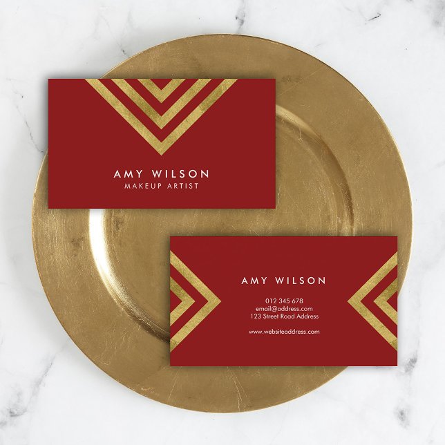 Red Faux Gold Geometric Design Makeup Artist Business Card (Creator Uploaded)