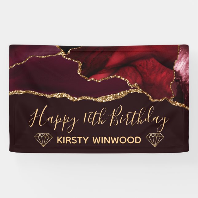 Red & Faux Gold Glitter Agate Sweet 16 Banner (Horizontal)