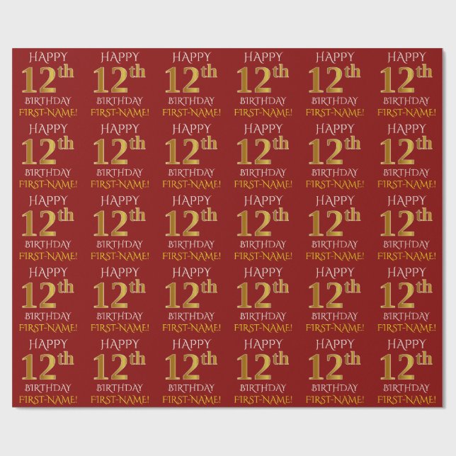 Red, Faux Gold "HAPPY 12th BIRTHDAY" Wrapping Paper (Flat)