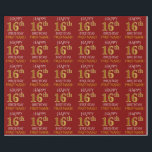 Red, Faux Gold "HAPPY 16th BIRTHDAY" Wrapping Paper<br><div class="desc">This wrapping paper design features a message like "HAPPY 16th BIRTHDAY",  with the "16th" having a faux/imitation gold appearance. It also features a personalised name,  and a red coloured background. It could perhaps be used when wrapping gifts being given for somebody’s sixteenth birthday. [~Z0000131]</div>