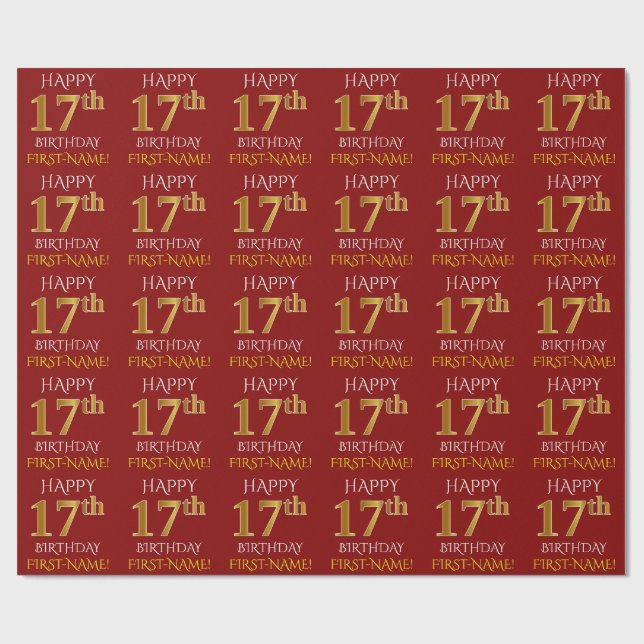 Red, Faux Gold "HAPPY 17th BIRTHDAY" Wrapping Paper (Flat)