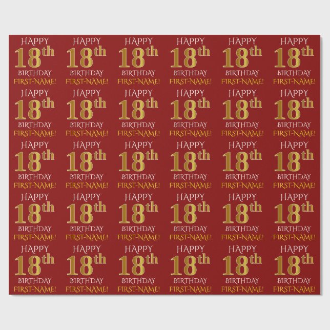 Red, Faux Gold "HAPPY 18th BIRTHDAY" Wrapping Paper (Flat)
