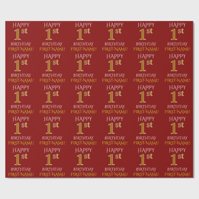 Red, Faux Gold "HAPPY 1st BIRTHDAY" Wrapping Paper (Flat)
