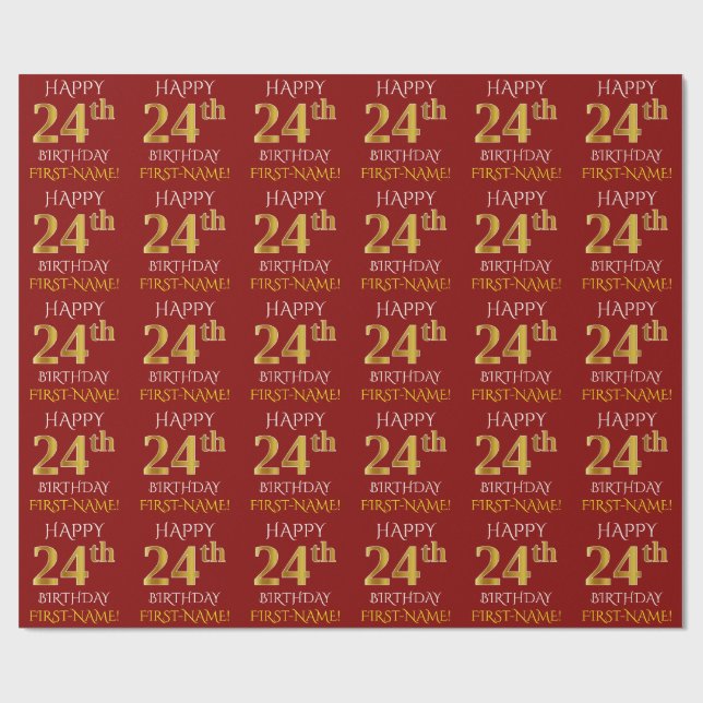Red, Faux Gold "HAPPY 24th BIRTHDAY" Wrapping Paper (Flat)
