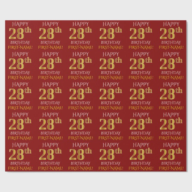 Red, Faux Gold "HAPPY 28th BIRTHDAY" Wrapping Paper (Flat)