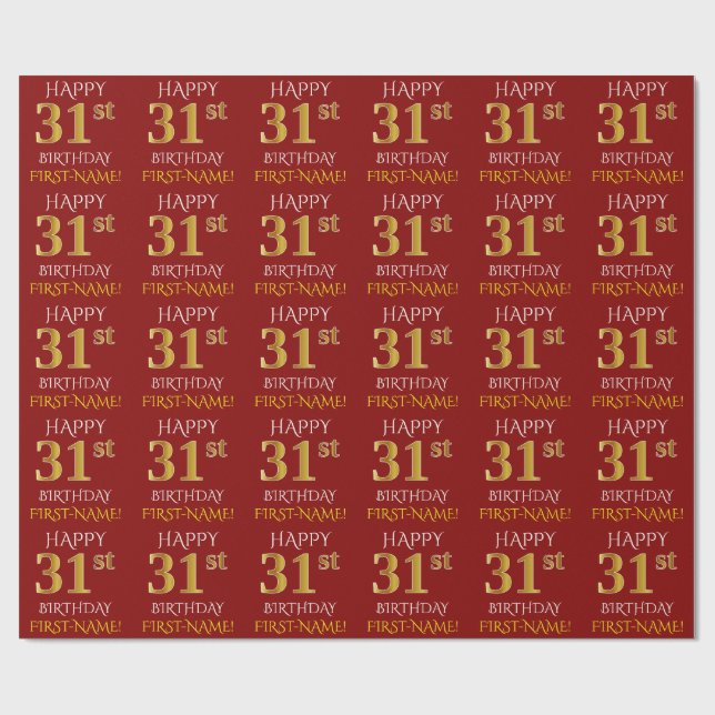 Red, Faux Gold "HAPPY 31st BIRTHDAY" Wrapping Paper (Flat)