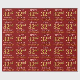 Red, Faux Gold "HAPPY 32nd BIRTHDAY" Wrapping Paper
