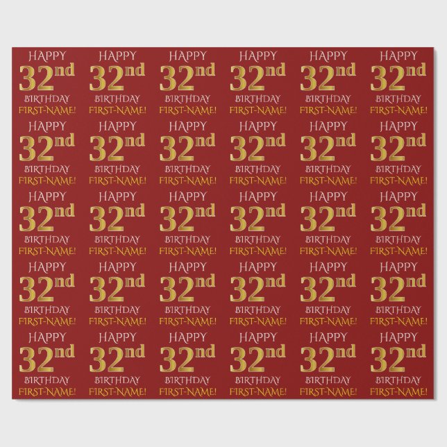 Red, Faux Gold "HAPPY 32nd BIRTHDAY" Wrapping Paper (Flat)