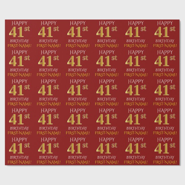 Red, Faux Gold "HAPPY 41st BIRTHDAY" Wrapping Paper (Flat)