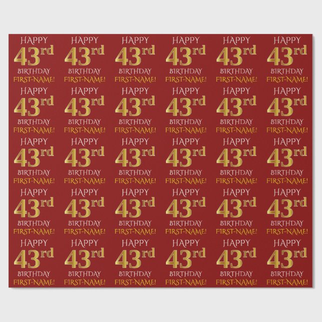 Red, Faux Gold "HAPPY 43rd BIRTHDAY" Wrapping Paper (Flat)