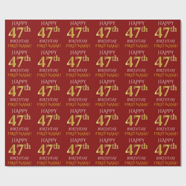 Red, Faux Gold "HAPPY 47th BIRTHDAY" Wrapping Paper (Flat)