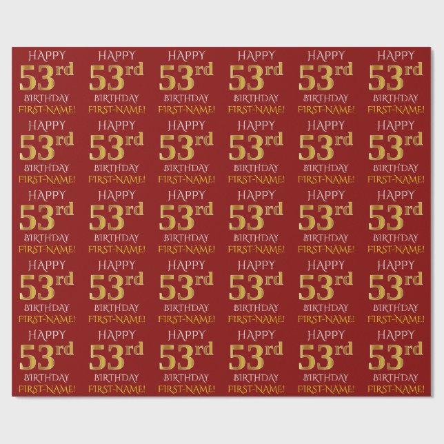 Red, Faux Gold "HAPPY 53rd BIRTHDAY" Wrapping Paper (Flat)