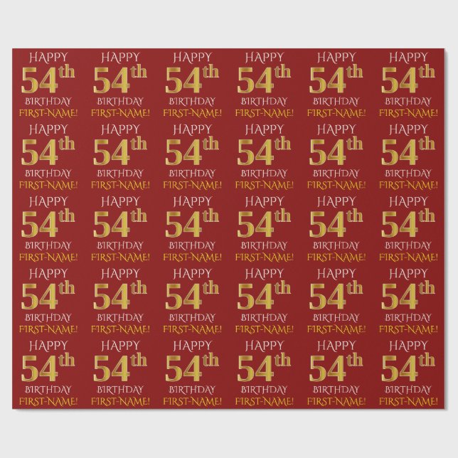 Red, Faux Gold "HAPPY 54th BIRTHDAY" Wrapping Paper (Flat)