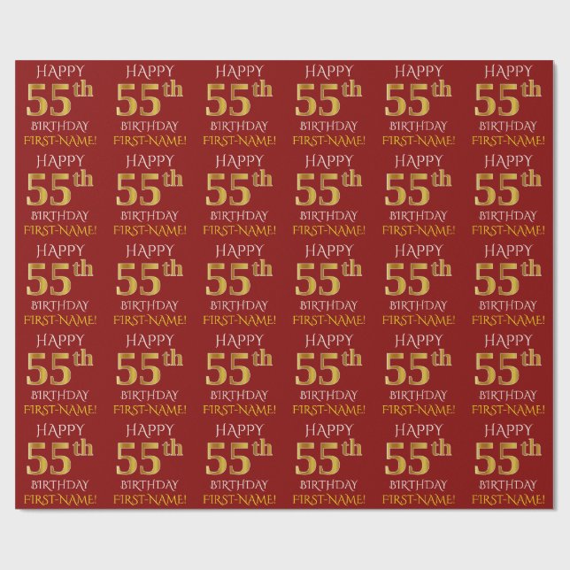 Red, Faux Gold "HAPPY 55th BIRTHDAY" Wrapping Paper (Flat)