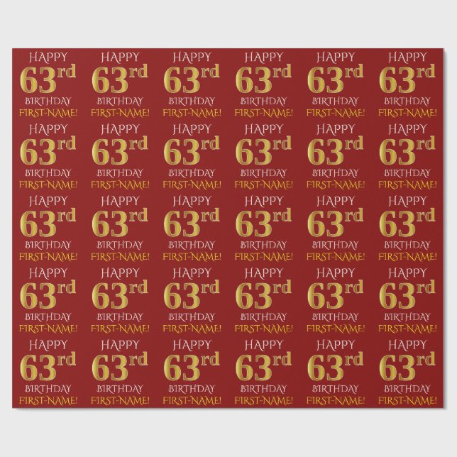 Red, Faux Gold "HAPPY 63rd BIRTHDAY" Wrapping Paper (Flat)